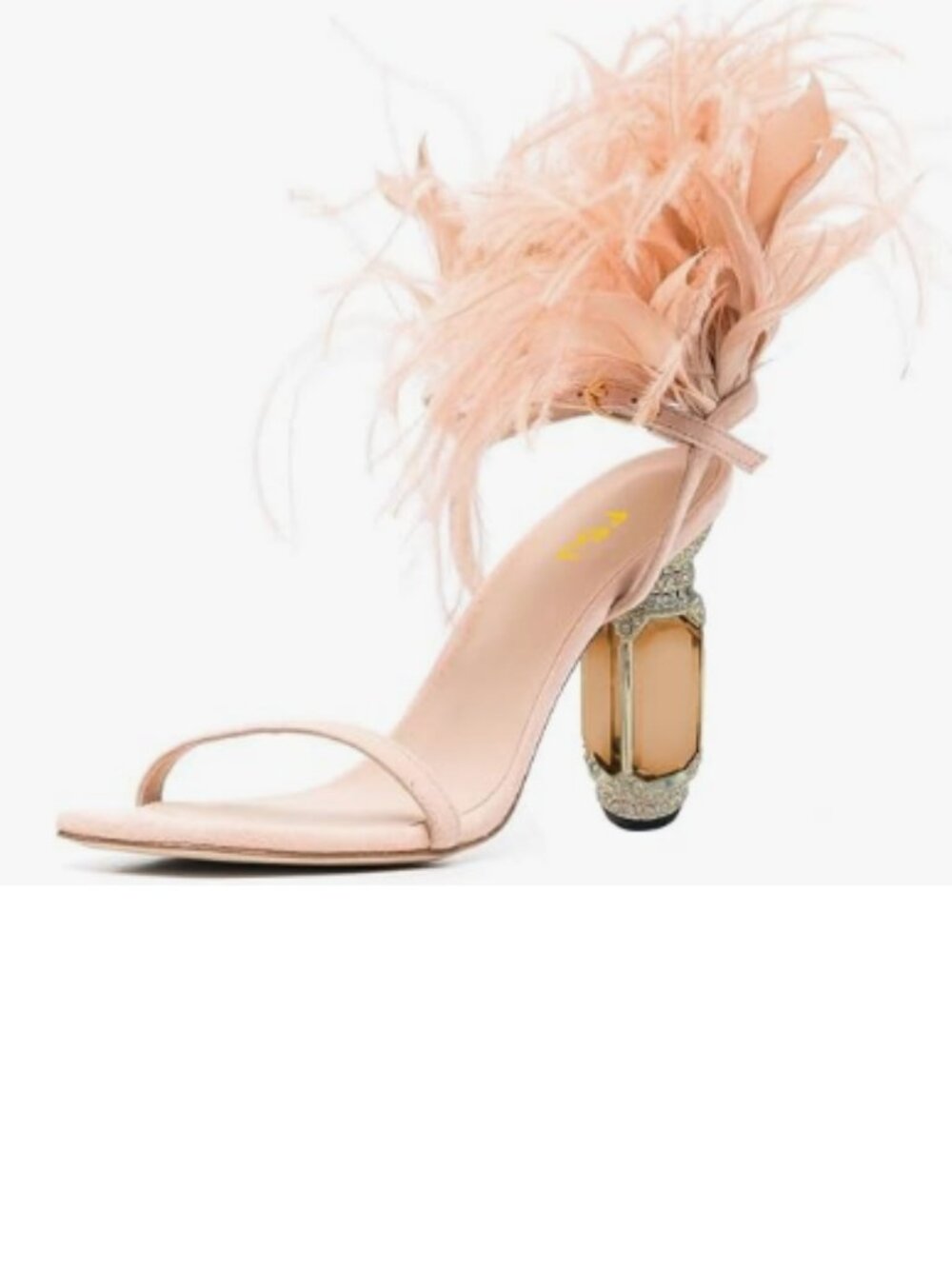 FSJ Nude Open Toe Ankle Strap Furry Feather Back Faux Fur Crystal Heel Sandals